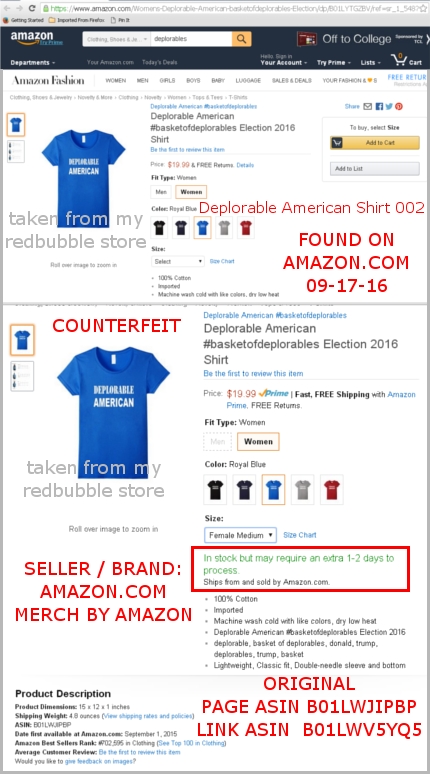 THE ORIGINAL DEPLORABLE AMERICAN SHIRT COUNTERFEIT VERSION 002 SOLD BY AMAZON, TAKEN FROM MY REDBUBBLE SHOP